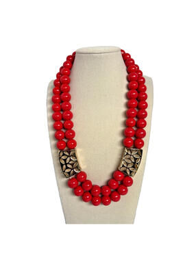 Vintage Liz Claiborne Red Beaded Double Strange Statement Necklace Gold Tone